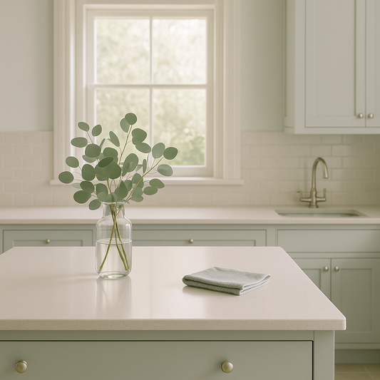 Minimalist kitchen with soft-matte quartz countertop and neutral cabinetry under natural light