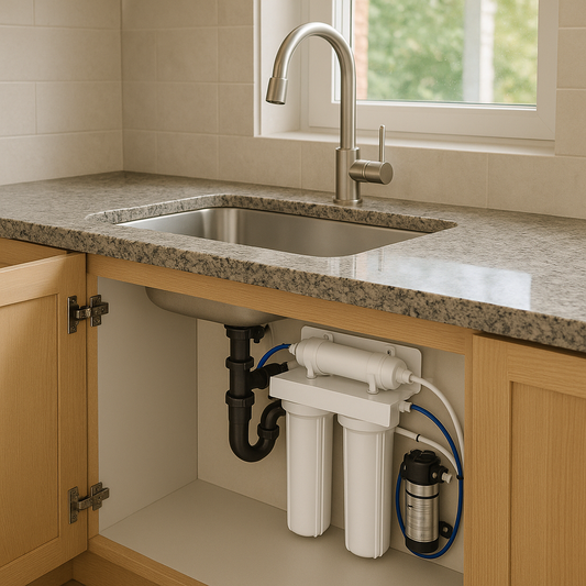 Under-counter water filtration system installed beneath a polished stone countertop