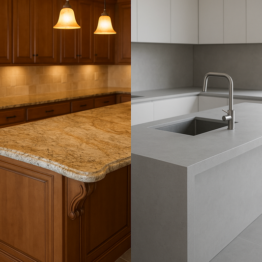 Modern kitchen split-screen showing a polished granite island on left and a sleek porcelain slab island on right
