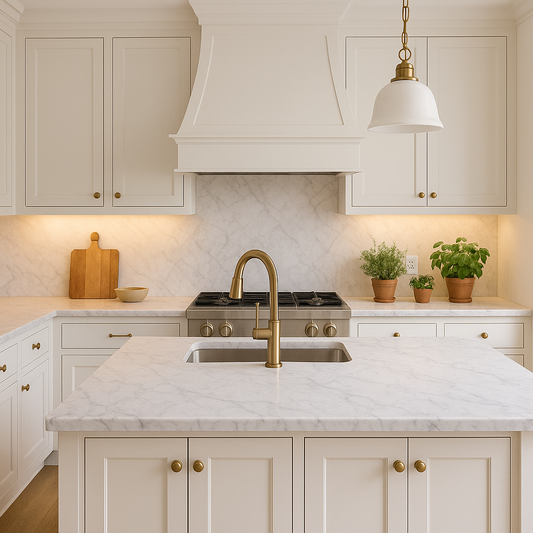 Elegant kitchen showcasing a honed Carrara marble island countertop with subtle grey veins against classic white cabinetry