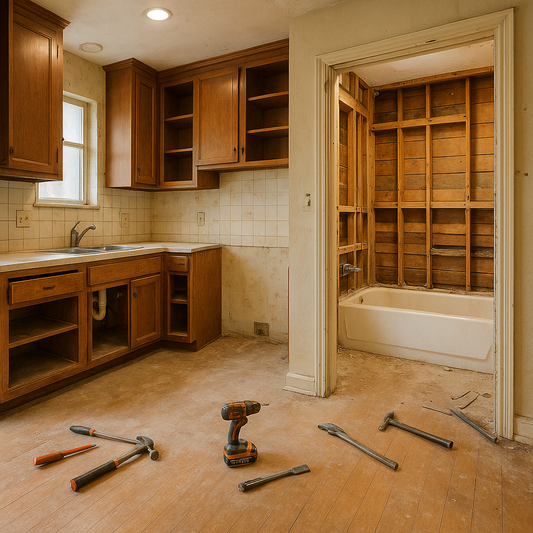 Cluttered, dust-covered kitchen and bathroom before remodel