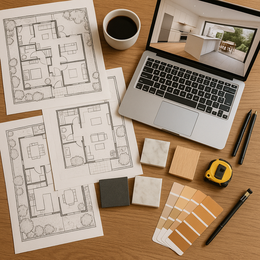 Designer’s workspace with mood board, floor plans, and stone sample slabs laid out on a table
