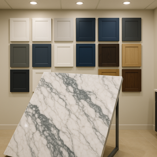 Showroom slab sample in foreground with coordinating cabinet door samples on the wall behind it