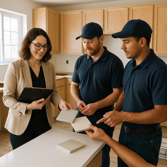 Professional remodeling team reviewing plans together in a bright, modern kitchen under renovation