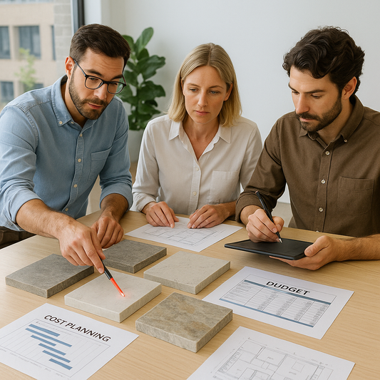 Design team reviewing countertop remodel budget and slab samples in a bright conference room