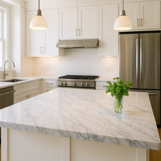 Contemporary kitchen with a dramatic marble countertop island as the focal point