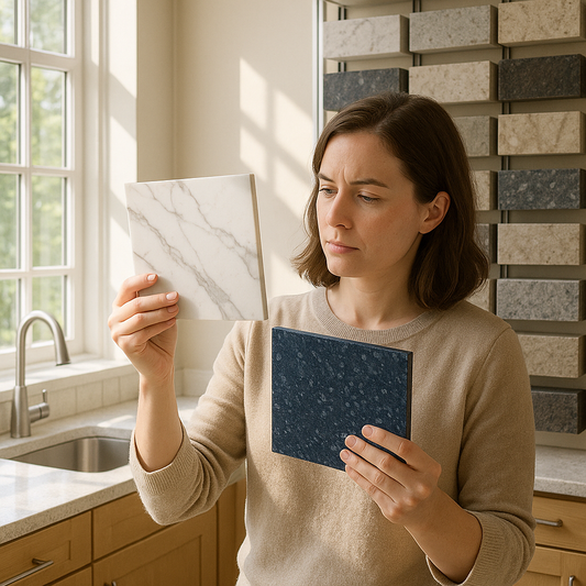 Homeowner examining two countertop slabs side by side in a bright stone showroom