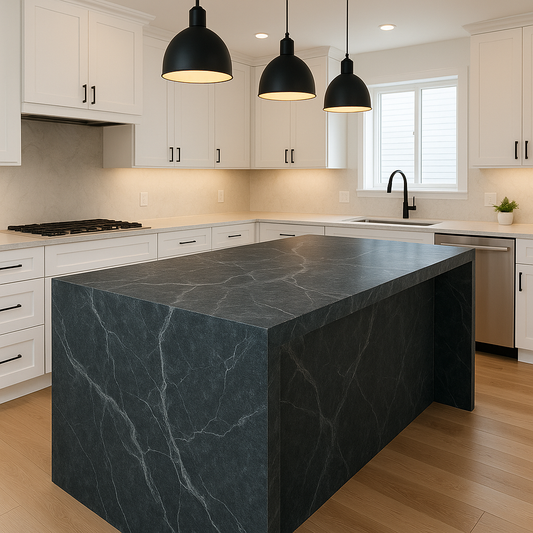 Modern kitchen island featuring a soapstone slab with smoky gray veins under pendant lighting