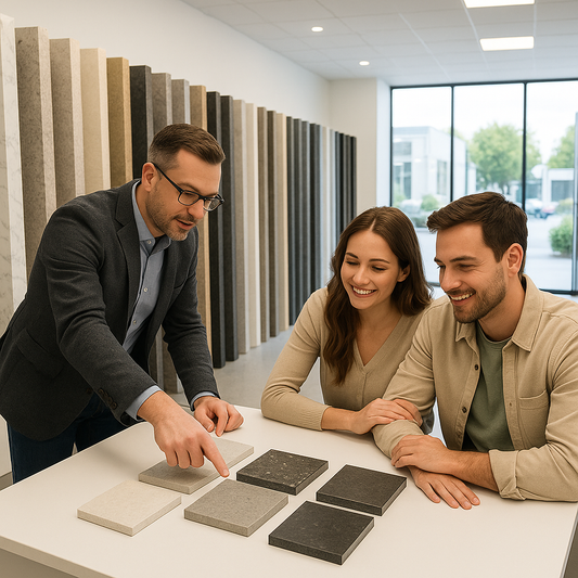 A sprawling countertop showroom with dozens of stone slabs in various colors and patterns and a consultant guiding a couple through choices