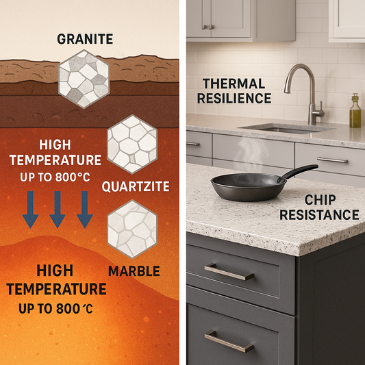 Split-panel infographic of underground rock formation and polished kitchen countertop
