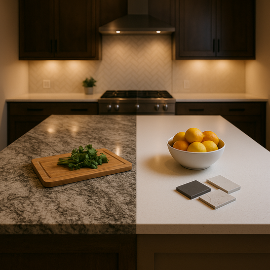 Modern kitchen island split down the middle showing natural stone countertop on left and engineered quartz on right with decorative items and tools highlighting design choice