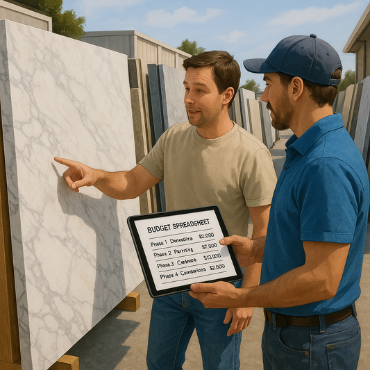 Homeowner and contractor reviewing countertop slabs and budget plan in a bright stone yard