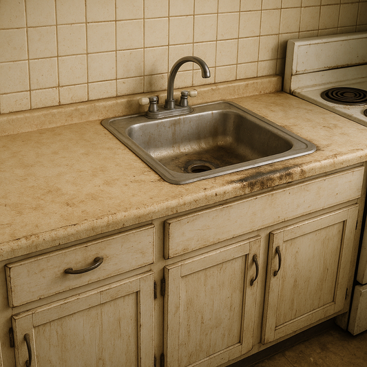 Outdated kitchen with scratched and stained laminate countertops