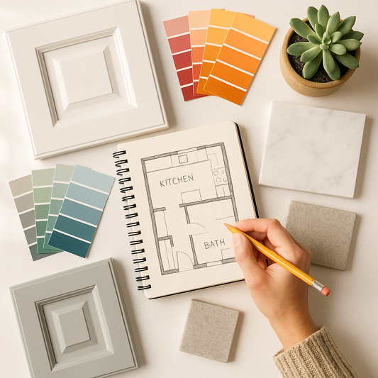Homeowner sketching kitchen layout surrounded by material samples and mood board