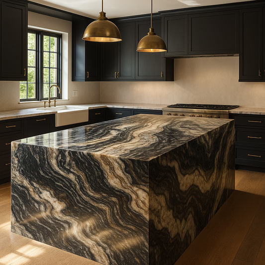 Luxurious marble countertop with bold charcoal veining in a modern kitchen