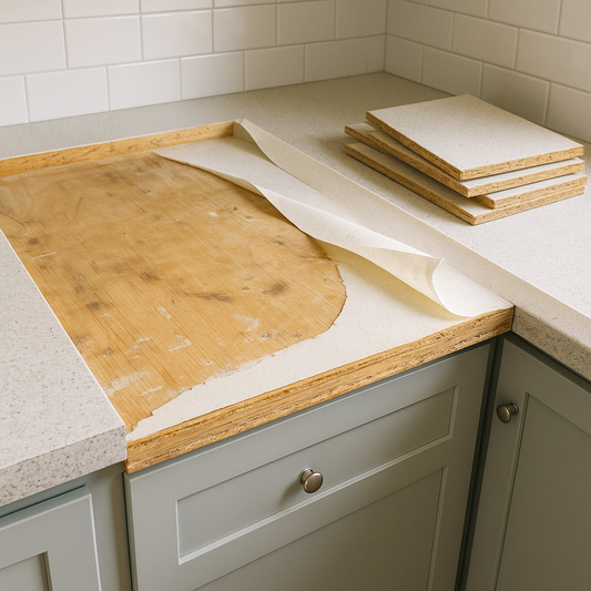 Exposed plywood sublayer after removing worn laminate countertop