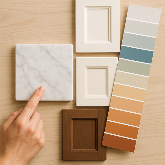Countertop slab displayed alongside cabinet door samples and paint swatches