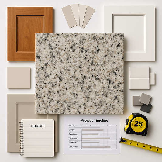 Overhead view of a design board with countertop slab sample, paint and cabinet swatches, tile pieces, project timeline and budget plan laid out
