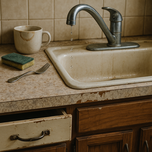 Worn kitchen countertop with dripping faucet and misaligned cabinet drawer before renovation