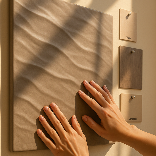 Close-up of a rippled taupe porcelain countertop slab sample under soft studio light