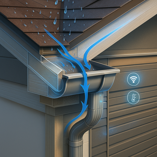 3D cutaway of roof eave showing fluid dynamics arrows guiding water flow into gutter with sensor icons