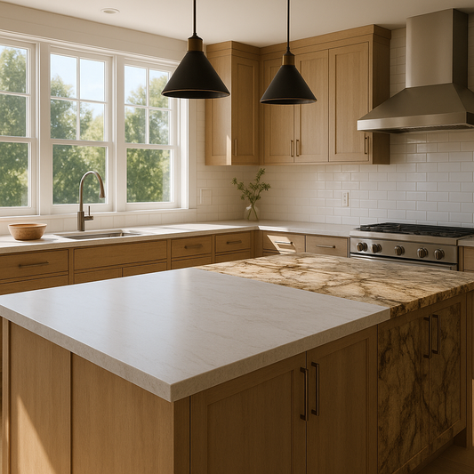Modern kitchen with porcelain slab on left and natural stone slab on right forming a unified countertop
