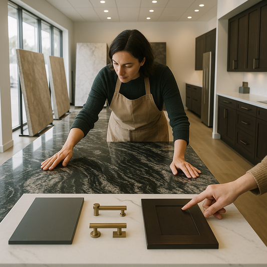 Designer inspecting a dramatic granite slab in a modern kitchen showroom with cabinetry and fixtures laid out around it