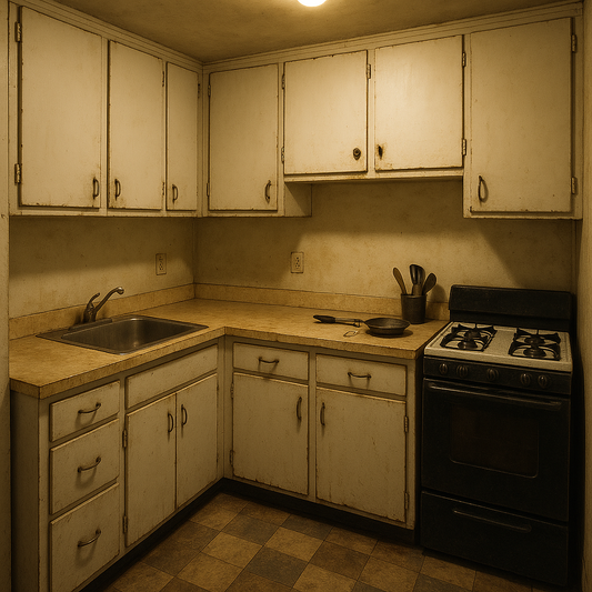 Uninspired kitchen with dull laminate countertops and outdated cabinets awaiting transformation