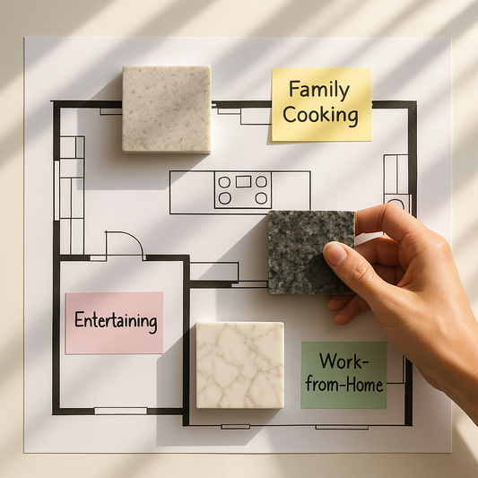 Designer holding a granite sample over a kitchen blueprint labeled for cooking, entertaining, and work zones