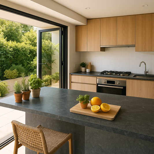 Wide minimalist kitchen island of slate-gray honed granite extending through open sliding doors to a matching outdoor bar