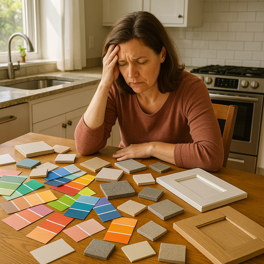 Kitchen table cluttered with paint swatches, tile samples and cabinet door samples