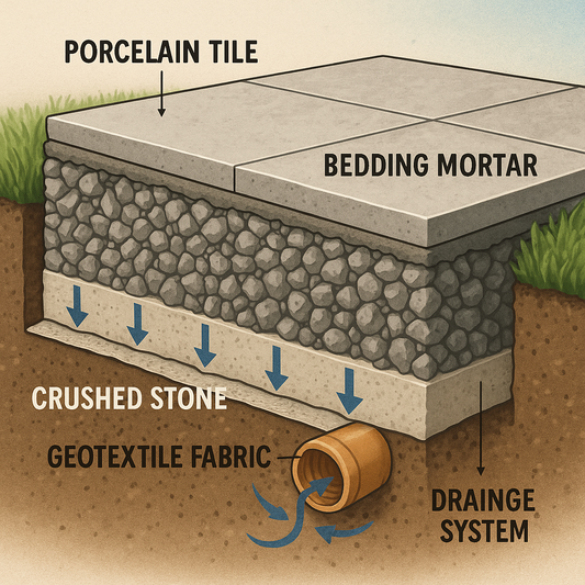 Detailed cross-section diagram of patio foundation layers including geotextile fabric, crushed stone base, drainage pipes, and porcelain tile surface