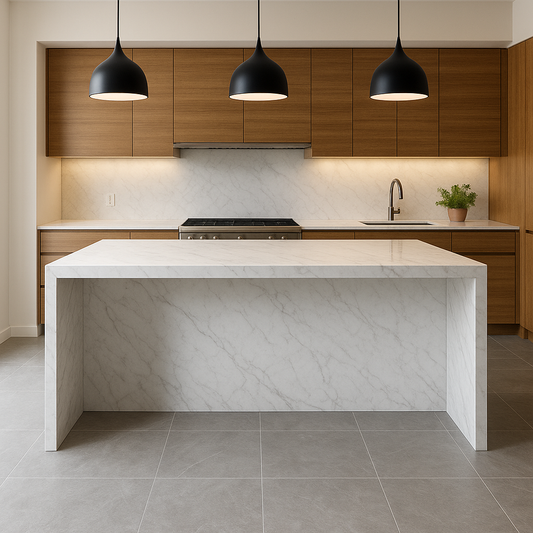 Modern kitchen island with marble countertop and complementary gray porcelain tile floor