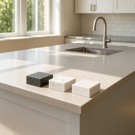 Modern kitchen island with engineered quartz countertop and granite and marble sample chips arranged on top