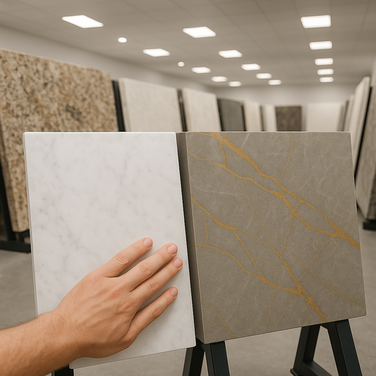 Showroom display of honed Carrara marble and matte gold-veined quartzite slabs side by side