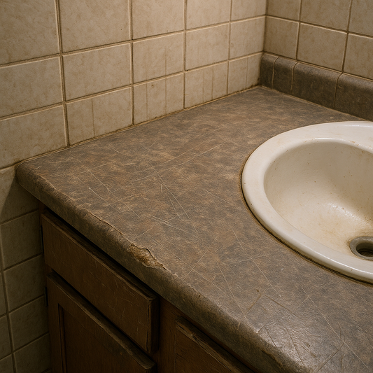 Worn kitchen countertop with scratches and dull finish beside faded beige bathroom tiles with yellowed grout