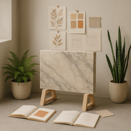 Sample natural stone countertop slab displayed alongside plant accents, mood board and sketches in a bright spa-inspired setting
