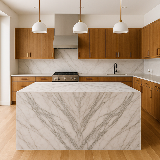 Modern kitchen showcasing a bookmatched marble island flanked by quartz perimeter counters and a muted greige side surface