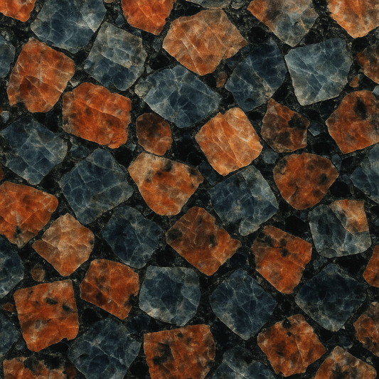 High-magnification view of tightly interlocked mineral crystals in a granite countertop