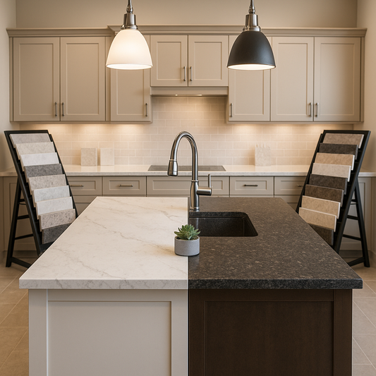 Bright showroom kitchen island featuring contrasting quartz and granite countertop samples under warm ambient lighting