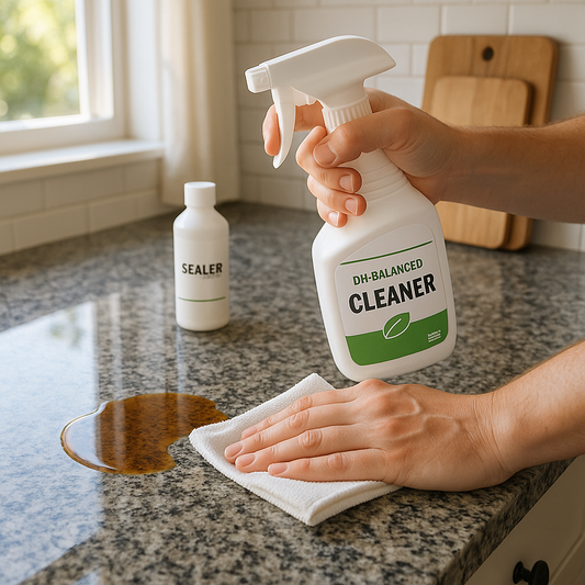 Close-up of hands spraying and wiping a granite countertop with a mild cleaner