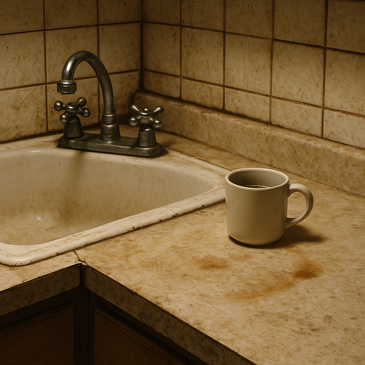 Worn kitchen countertop with chips, stained grout lines, and a cluttered coffee cup