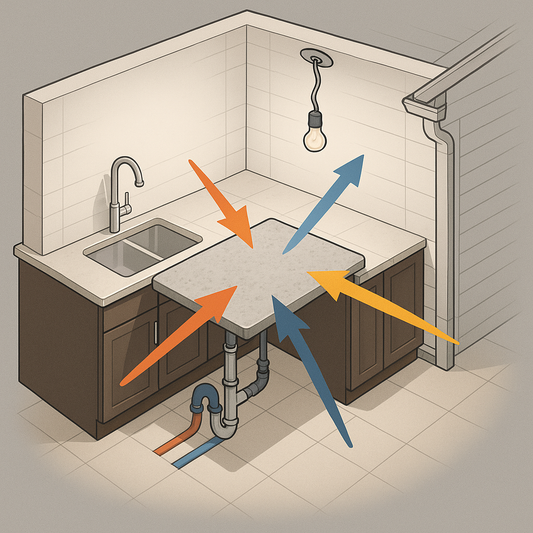 Overhead 3D kitchen plan highlighting a central stone countertop with arrows pointing to plumbing, lighting, and exterior features