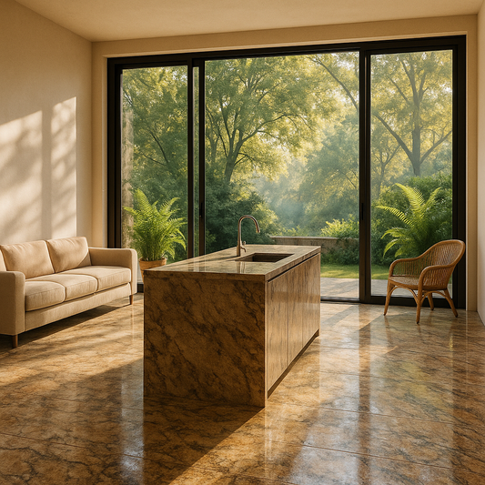 Open-plan living area and patio unified by matching earthy stone surfaces
