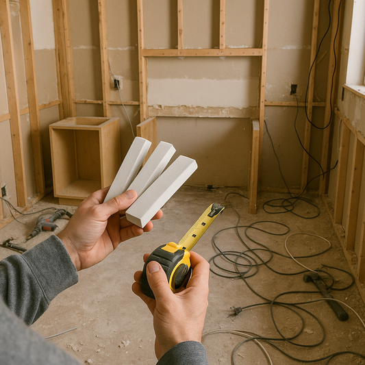Empty kitchen under demolition with loose cabinetry and no countertop selection evident