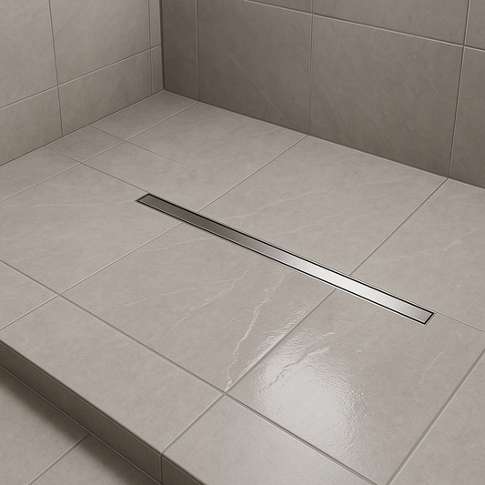Tiled shower floor with subtle pitch towards a sleek linear drain and curb-free entry