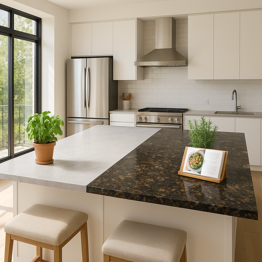 Open-concept kitchen showcasing both quartz and granite countertop samples on a central island