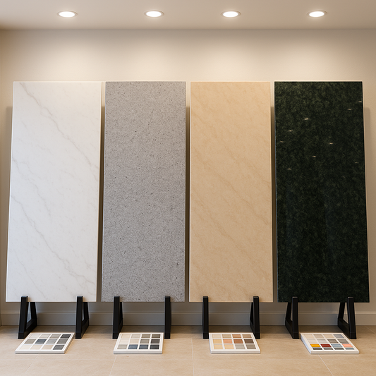 Suite of marble, quartz, quartzite, and granite countertop slabs displayed in a modern showroom