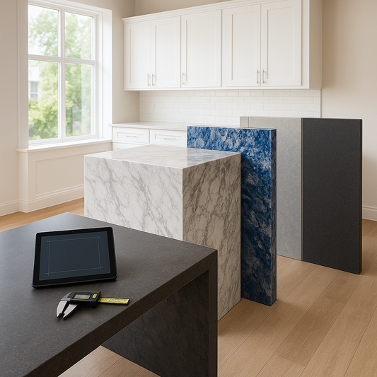 Modern kitchen showroom with multiple countertop surfaces including a honed dark quartz island and waterfall-edge marble slab