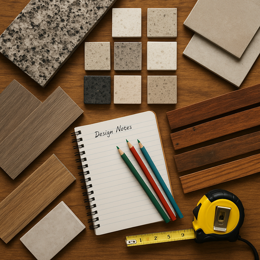 Overhead view of a design board strewn with natural stone and flooring samples including granite slabs, quartz swatches, vinyl planks, porcelain tiles, and hardwood boards